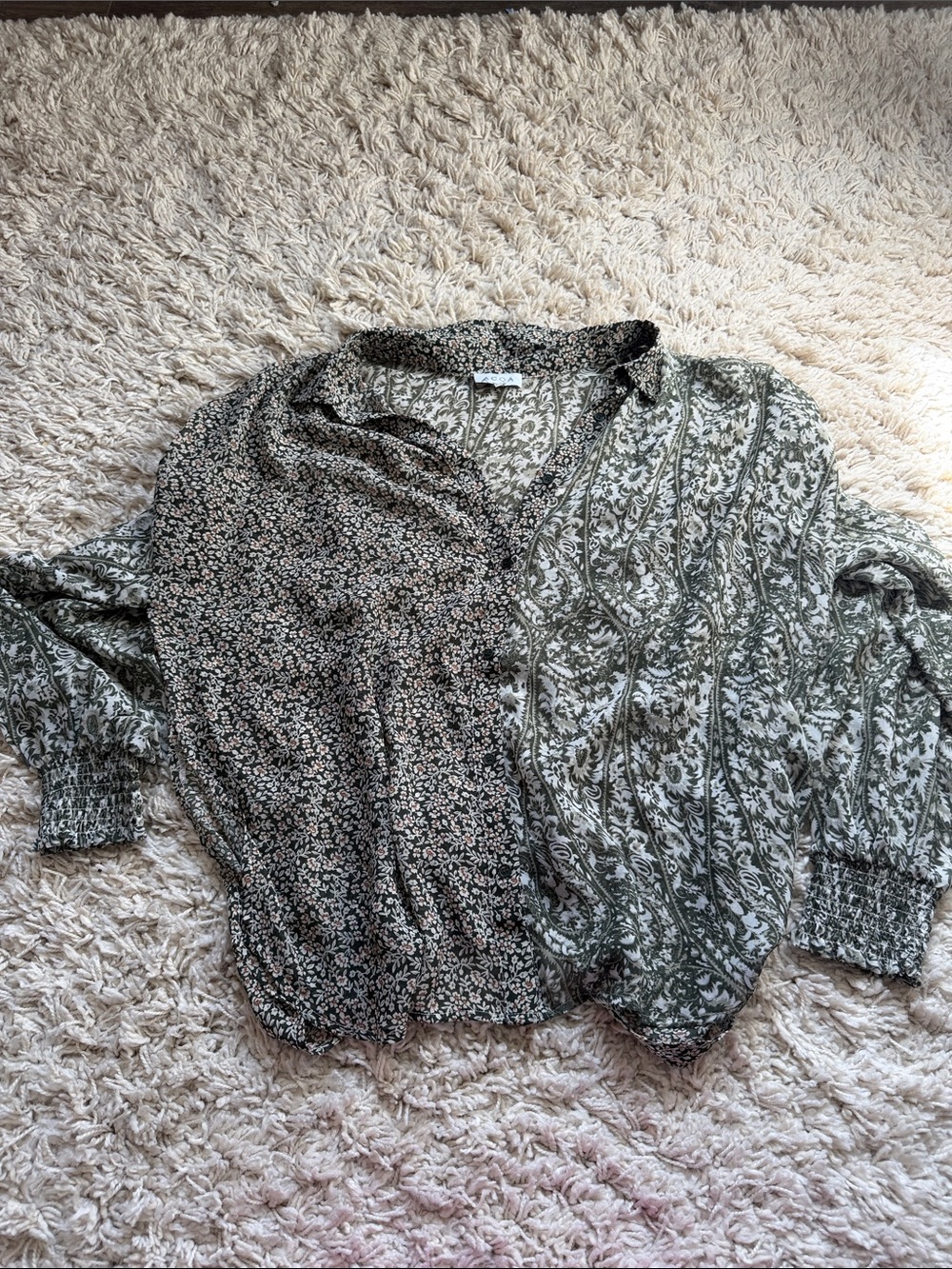 Mixed-Print Button-Front Blouse in Olive and Black